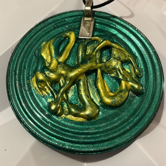 Reversible Artistic Circular Blue and Yellow Handmade Necklace - Picture 16 of 17